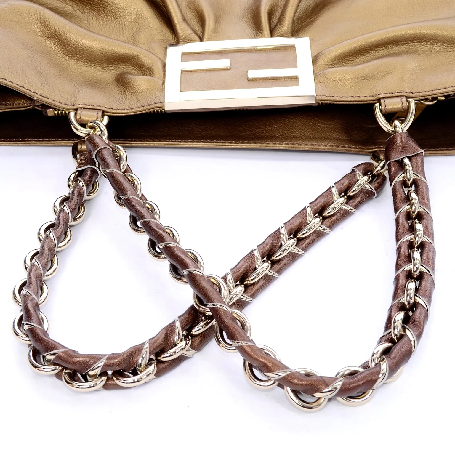 Fendi Borsa Mia Shoulder Bag in Bronze Leather w/ Chain Strap