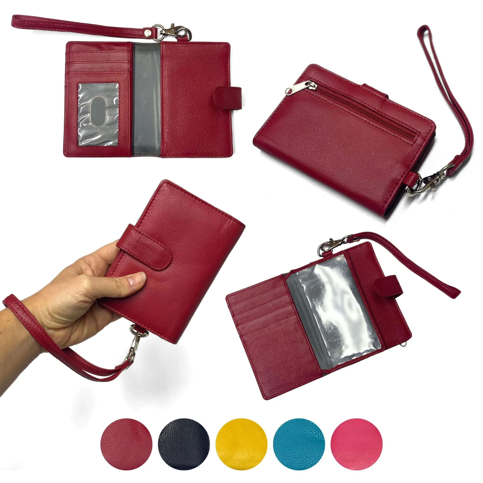 Fine Leather Clutch Wallet with Wrist Strap, Zipper Closures & Credit Card Pockets