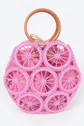 Fuschia Faux Straw Round Tote Bag