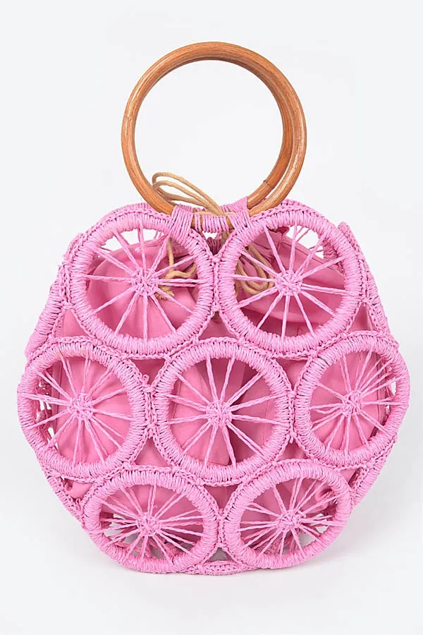 Fuschia Faux Straw Round Tote Bag