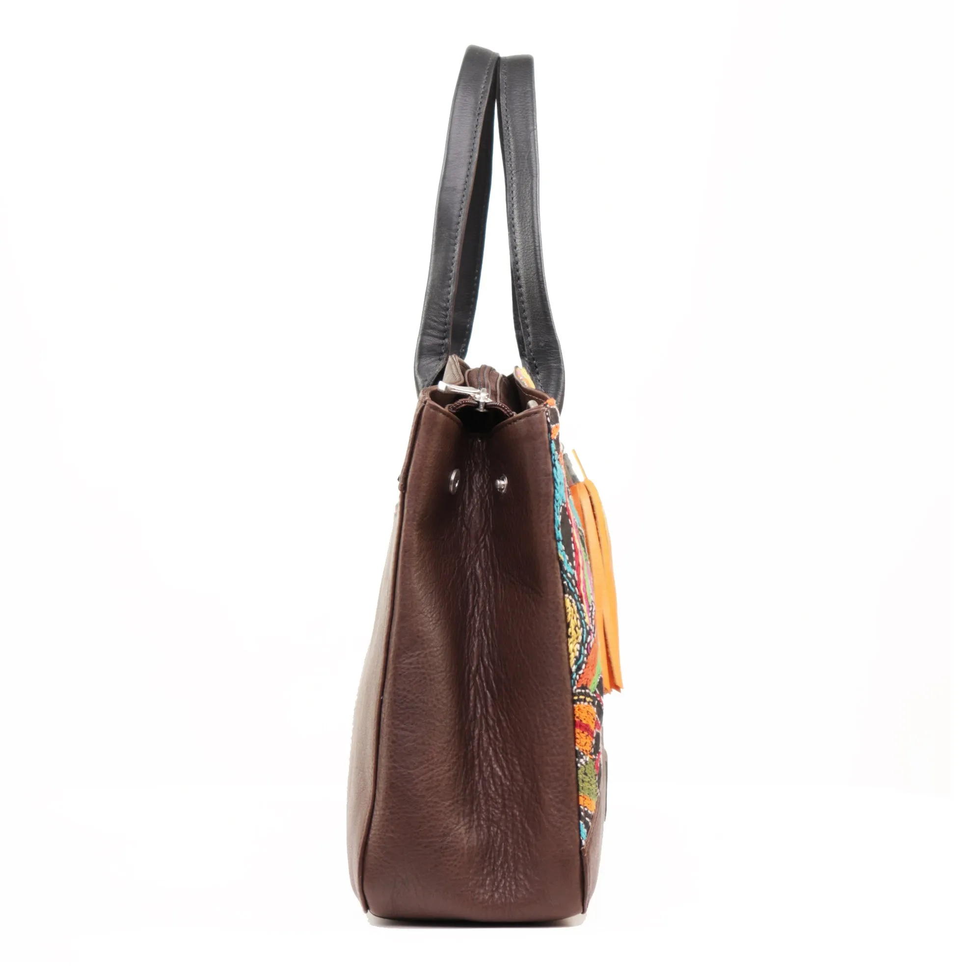 Genuine Leather-Kantha Handcrafted Tote Bag Women (Chocolate Brown)