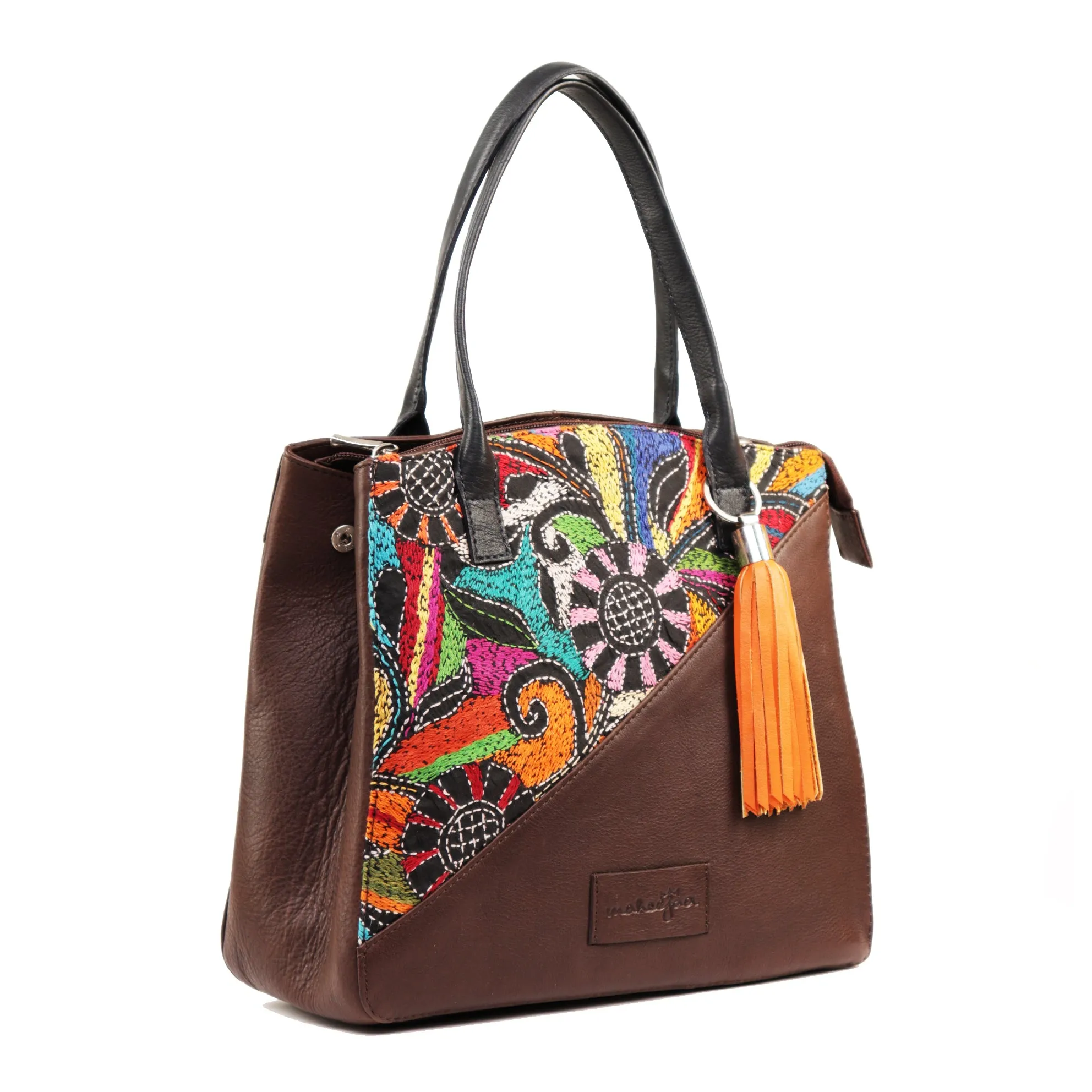 Genuine Leather-Kantha Handcrafted Tote Bag Women (Chocolate Brown)