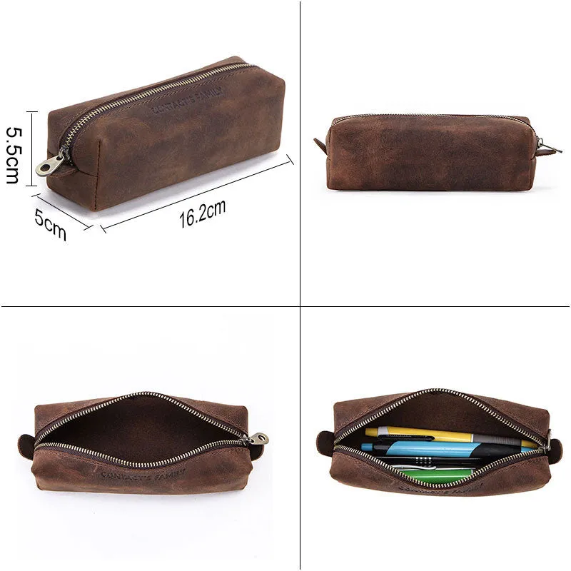 Genuine Leather Square Pencil Case Crazy Horse Leather Large Capacity Zipper Stationery Case