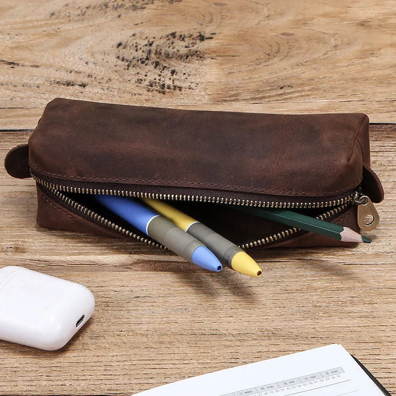 Genuine Leather Square Pencil Case Crazy Horse Leather Large Capacity Zipper Stationery Case