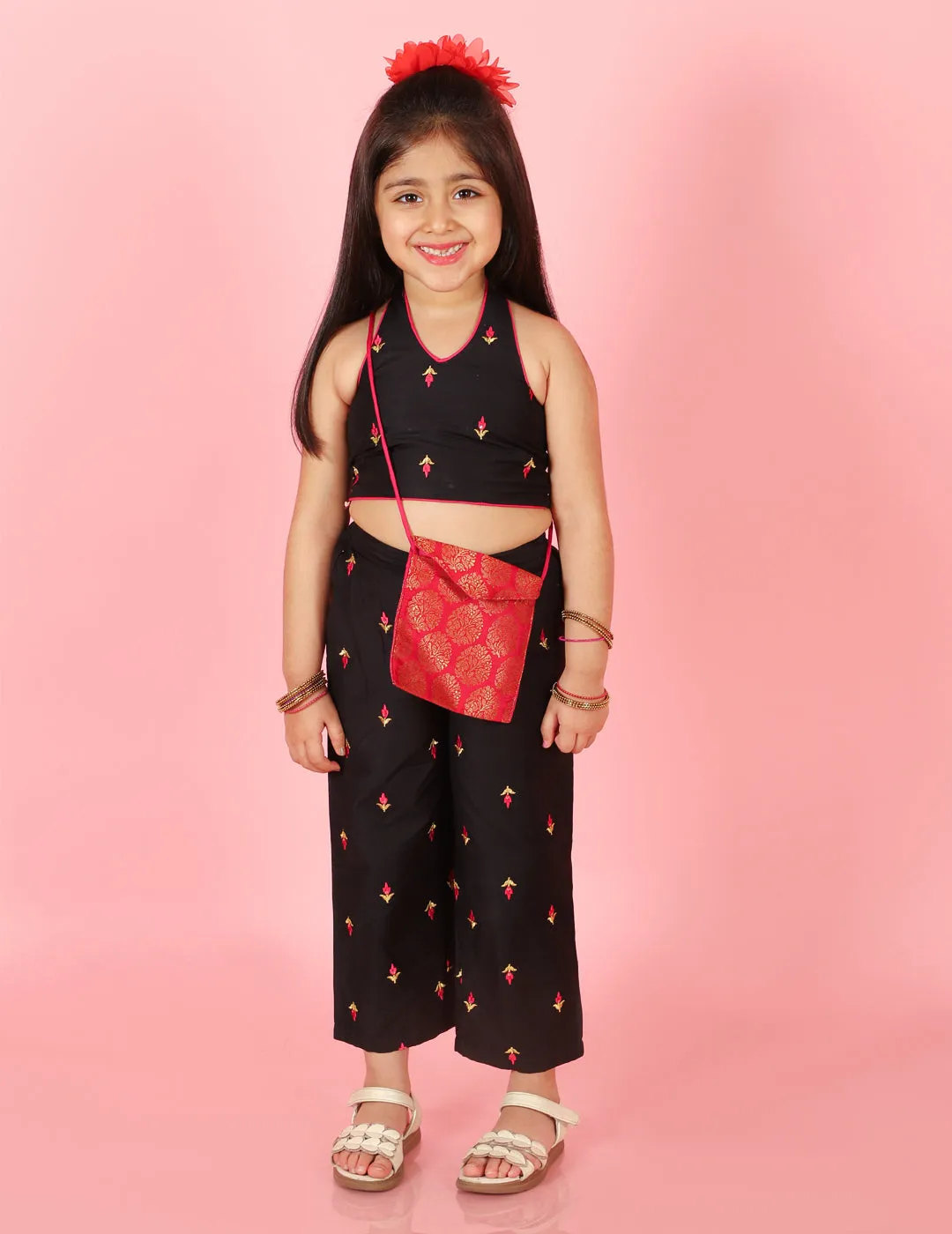 Girl's Halter Neck Smock Top With Elasticated Embrodiered Palazzo & Brocade Sling Bag-Black - Lil Peacock