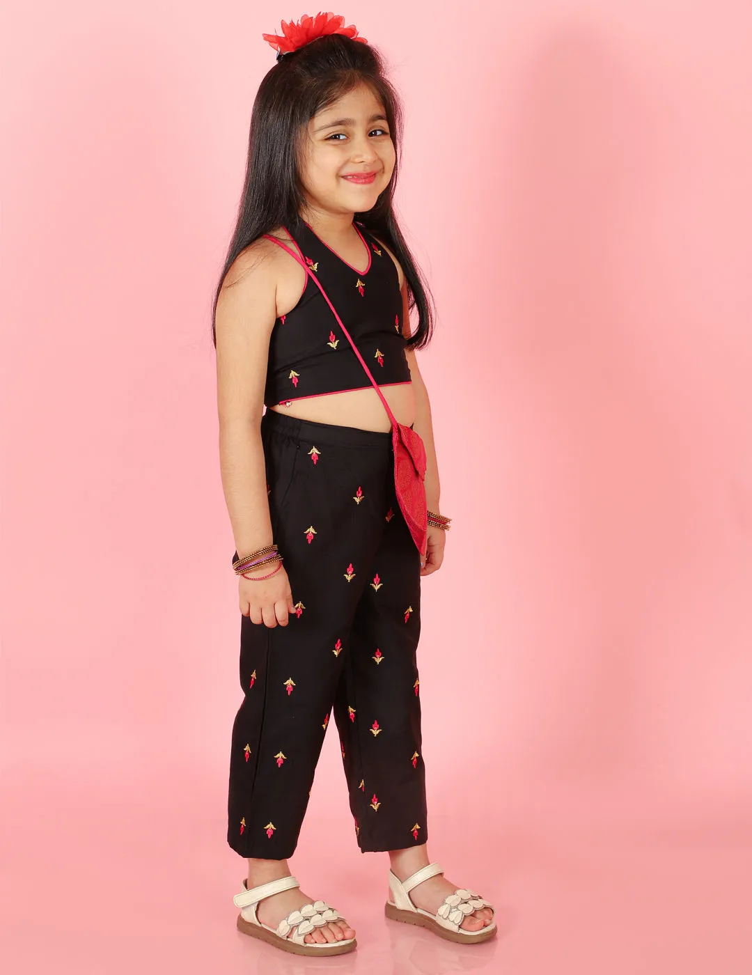 Girl's Halter Neck Smock Top With Elasticated Embrodiered Palazzo & Brocade Sling Bag-Black - Lil Peacock