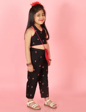 Girl's Halter Neck Smock Top With Elasticated Embrodiered Palazzo & Brocade Sling Bag-Black - Lil Peacock