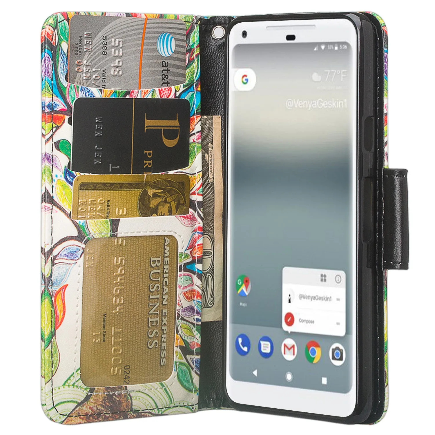 Google Pixel 2 XL Case, Pixel 2 XL Case, Slim Flip Folio [Kickstand] Pu Leather Wallet Case with ID & Card Slots & Pocket   Wrist Strap - Vibrant Tree