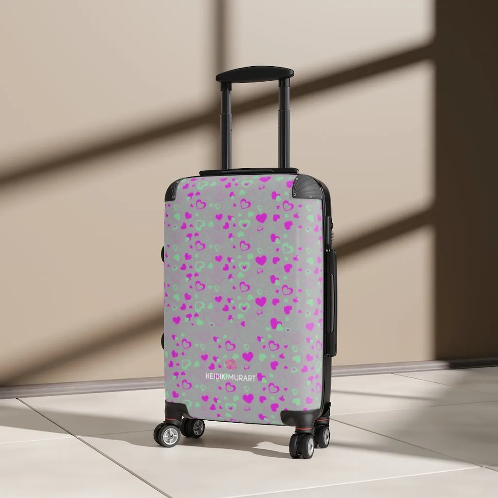 Grey Pink Hearts Cabin Suitcase, Valentine's Day Small Carry On Hard-Shell Durable Luggage