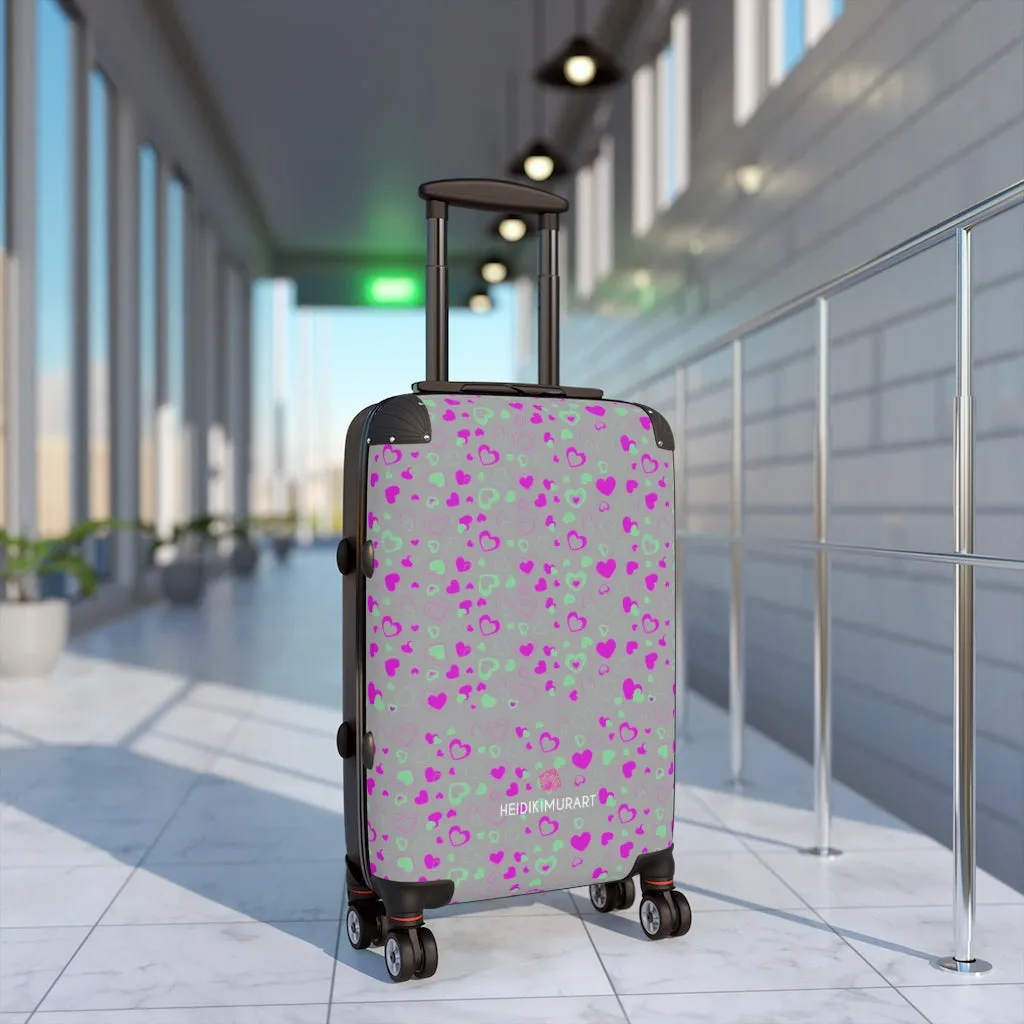 Grey Pink Hearts Cabin Suitcase, Valentine's Day Small Carry On Hard-Shell Durable Luggage