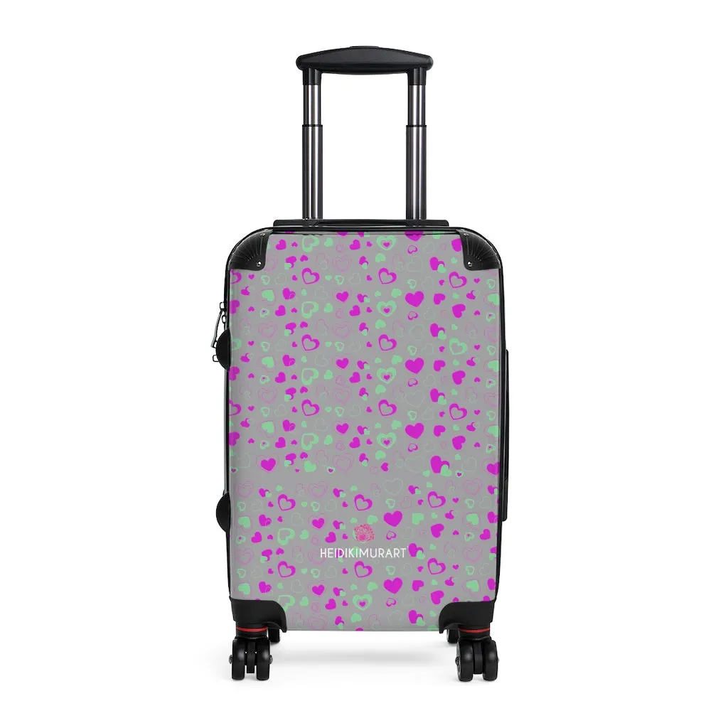 Grey Pink Hearts Cabin Suitcase, Valentine's Day Small Carry On Hard-Shell Durable Luggage