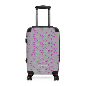 Grey Pink Hearts Cabin Suitcase, Valentine's Day Small Carry On Hard-Shell Durable Luggage