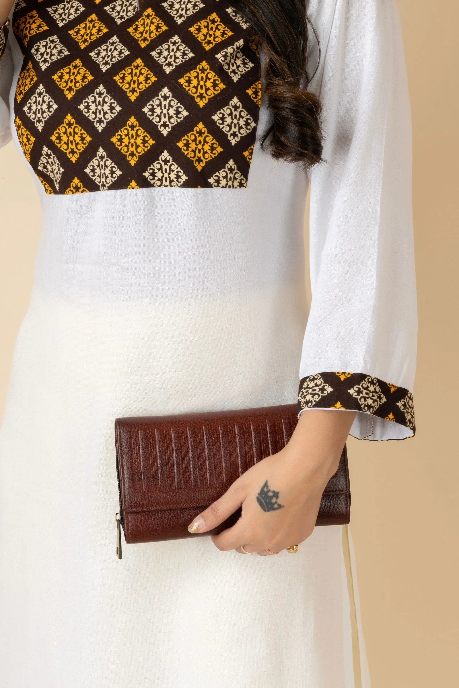 Handcrafted Leather Clutch For Women - Brown 4 Compartment Bag 7.5x4 Inches, Genuine Leather