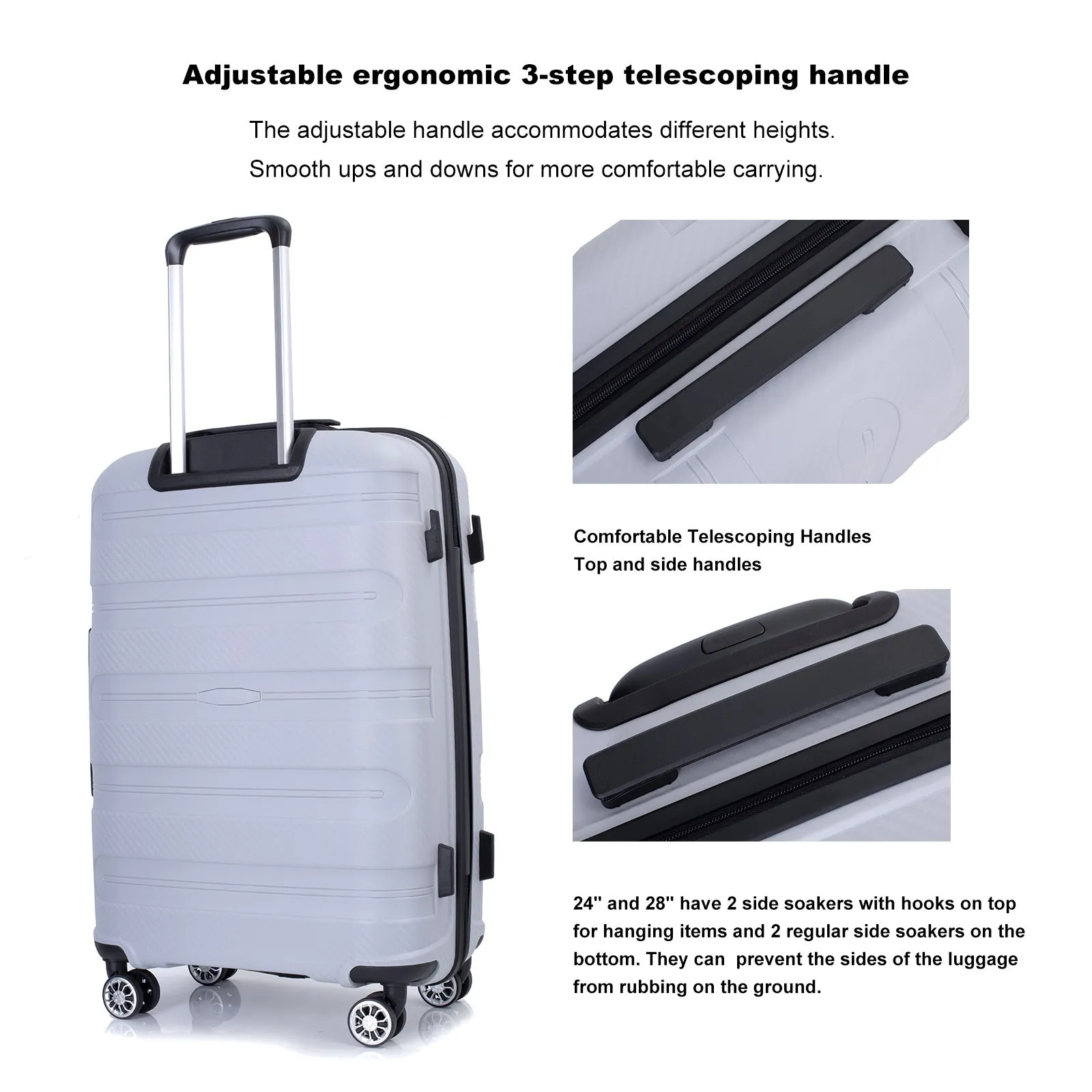 Hardshell Suitcase Spinner Wheels PP Luggage Sets Lightweight Durable Suitcase with TSA Lock,3-Piece Set (20/24/28) ,Silver