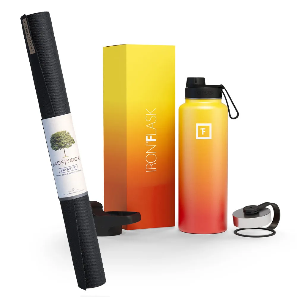 Jade Yoga Voyager Mat - Black & Iron Flask Wide Mouth Bottle with Spout Lid, Fire, 32oz/950ml Bundle