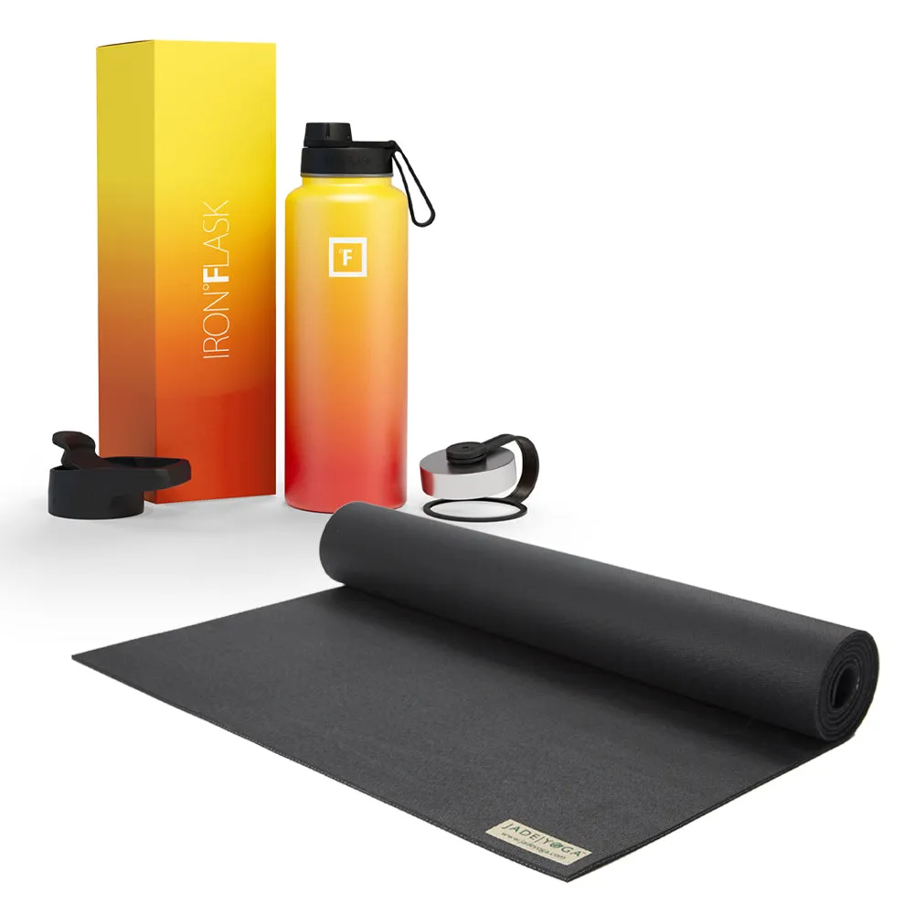 Jade Yoga Voyager Mat - Black & Iron Flask Wide Mouth Bottle with Spout Lid, Fire, 32oz/950ml Bundle