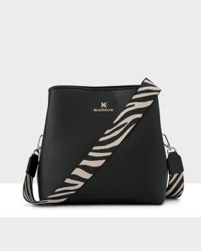 Joanie 3 Compartment Crossbody Bucket Bag   Zebra Bag Strap