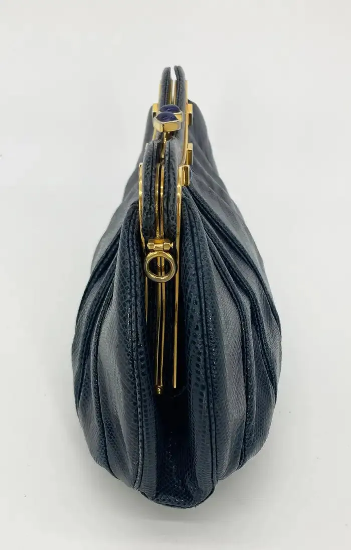 Judith Leiber Navy Lizard Lapis Stone Clutch