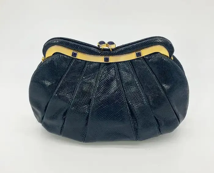 Judith Leiber Navy Lizard Lapis Stone Clutch