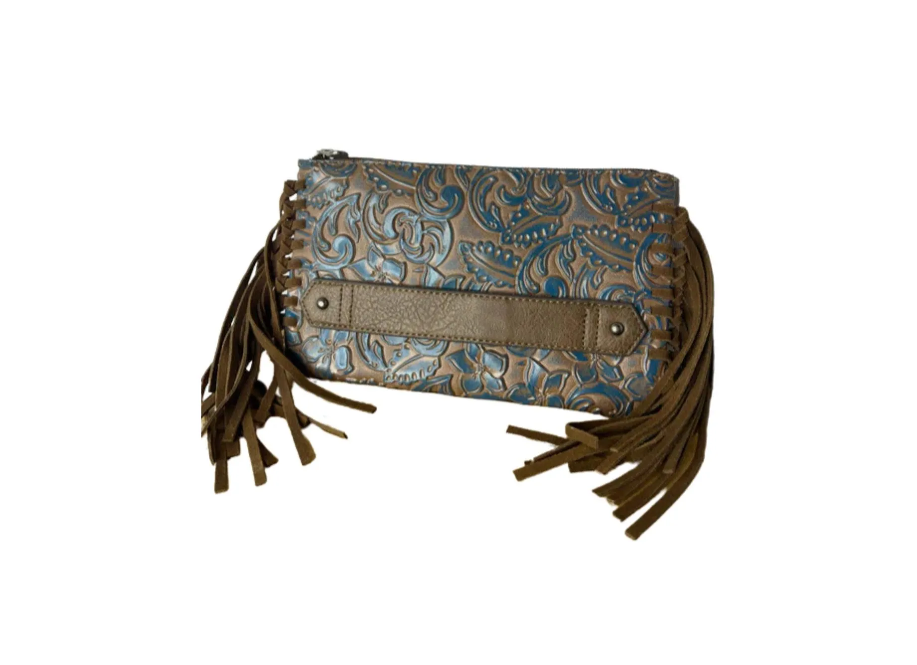 Justin Turquoise Washed Tooled Clutch Wallet Purse with Fringe 2176790BLU