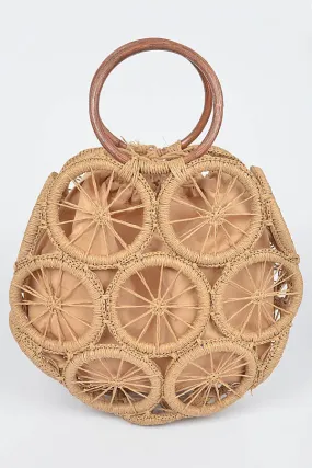 Khaki Faux Straw Round Tote Bag