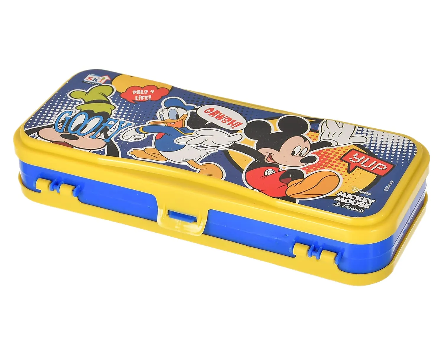 Kuber Industries Mickey Mouse & Friends Printed Double Sided Plastic Pencil Box, Pencil Case for School Supplies (Yellow)-50KM01276