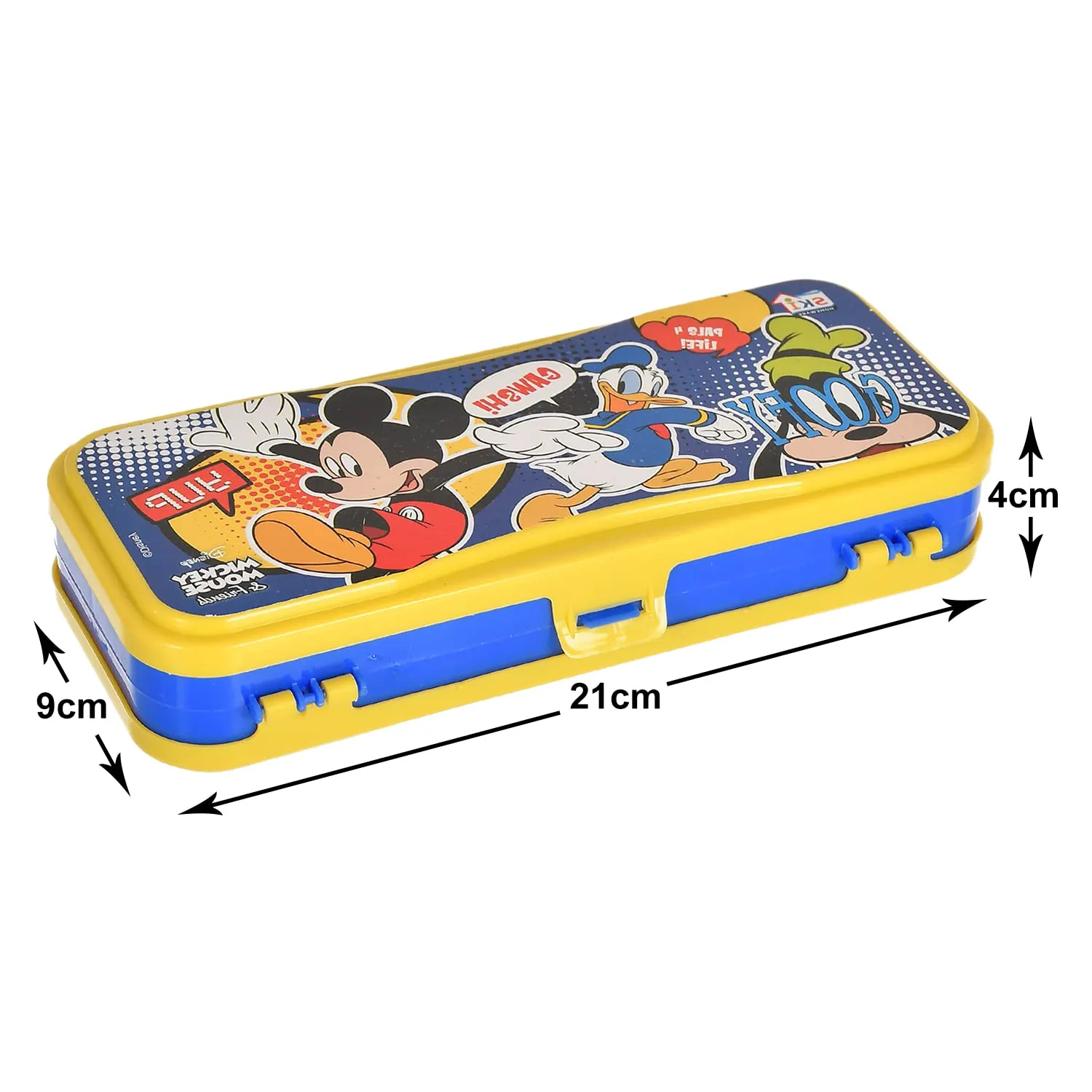 Kuber Industries Mickey Mouse & Friends Printed Double Sided Plastic Pencil Box, Pencil Case for School Supplies (Yellow)-50KM01276