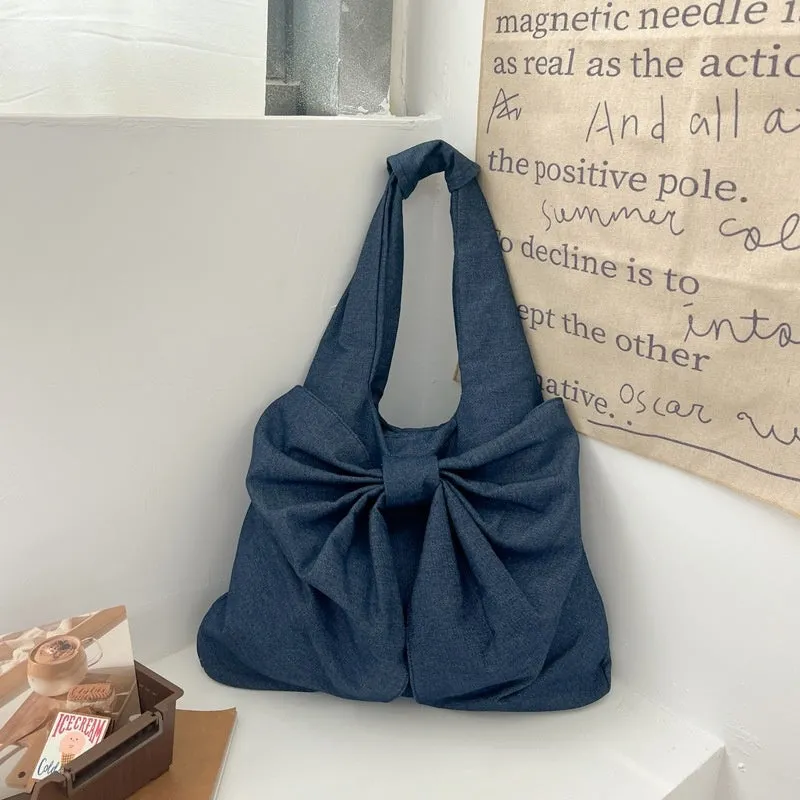 Large Capacity Bow Shoulder Underarm Tote Bag Washed Denim Canvas Bag