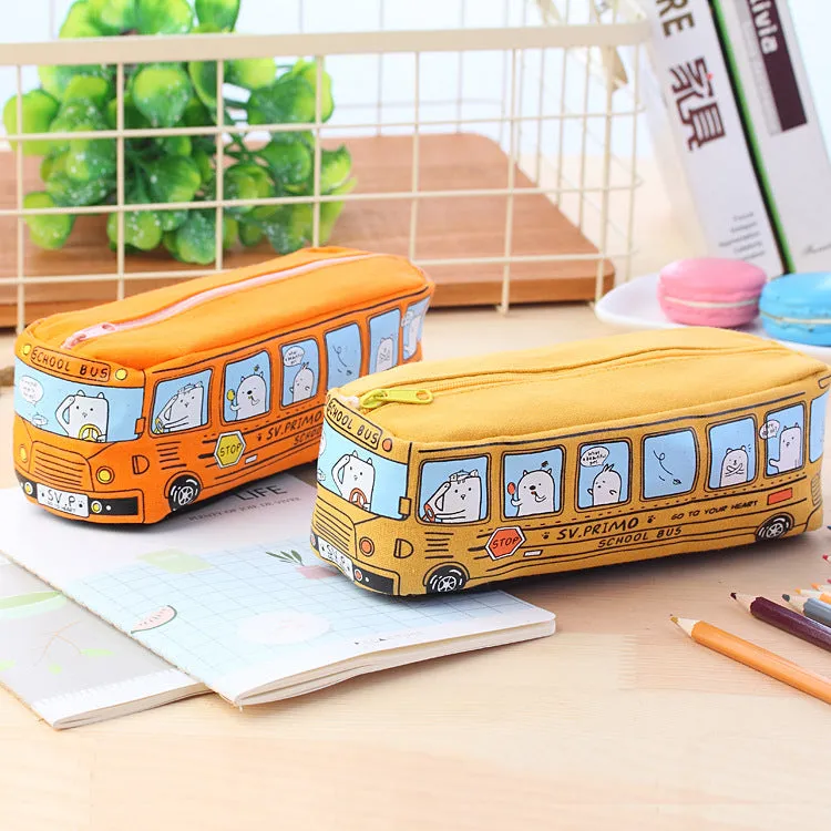 Large Capacity School Bus Pencil Case Canvas Pencil Bag