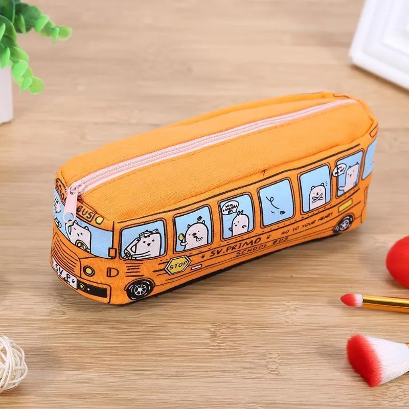 Large Capacity School Bus Pencil Case Canvas Pencil Bag