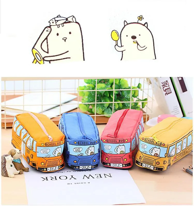 Large Capacity School Bus Pencil Case Canvas Pencil Bag