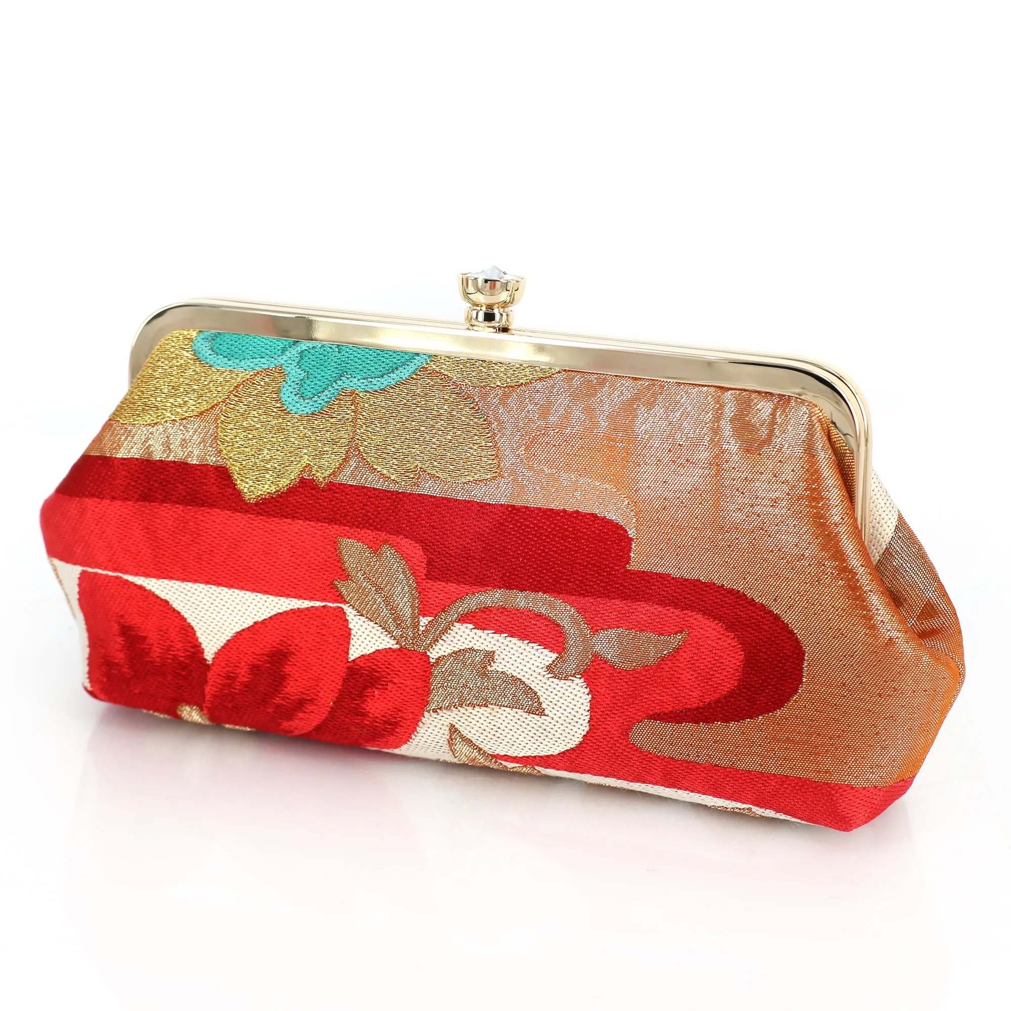 [LAST ONE] Camellia Clutch Purse in Fuchsia, Gold and Turquoise | Upcycled from vintage Japanese Kimono Obi