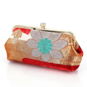 [LAST ONE] Camellia Clutch Purse in Fuchsia, Gold and Turquoise | Upcycled from vintage Japanese Kimono Obi