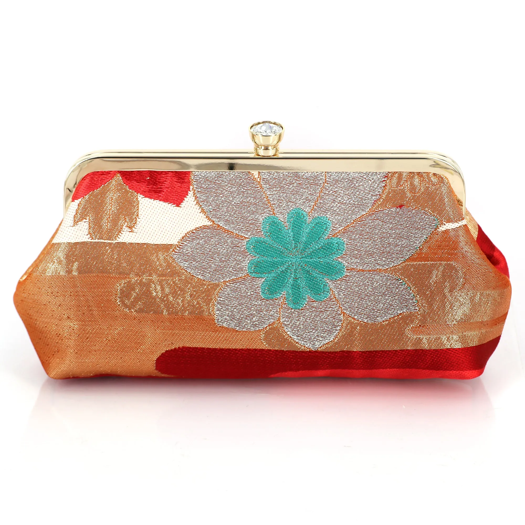 [LAST ONE] Camellia Clutch Purse in Fuchsia, Gold and Turquoise | Upcycled from vintage Japanese Kimono Obi