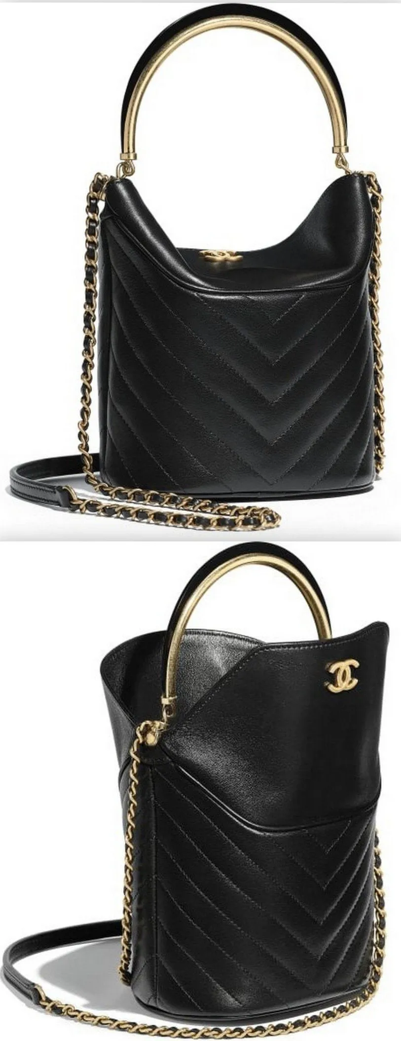 Leather and Chain Strap Bucket Bag