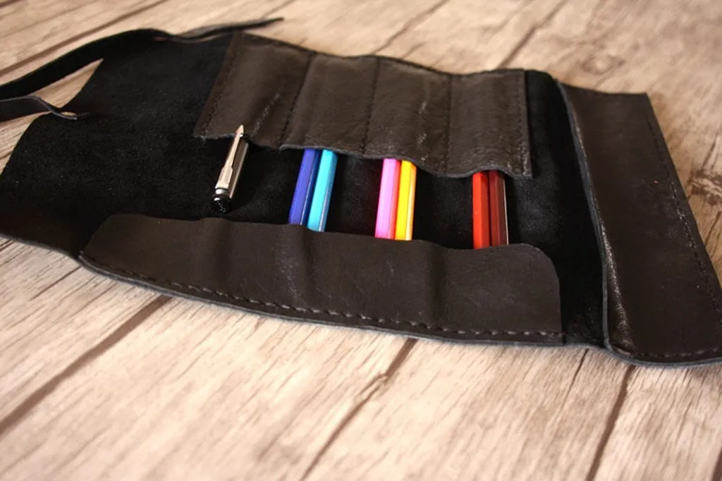 Leather Pencil Roll Case Pouch