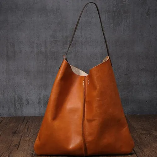 Leather Vertical Tote Bucket Bag Purse