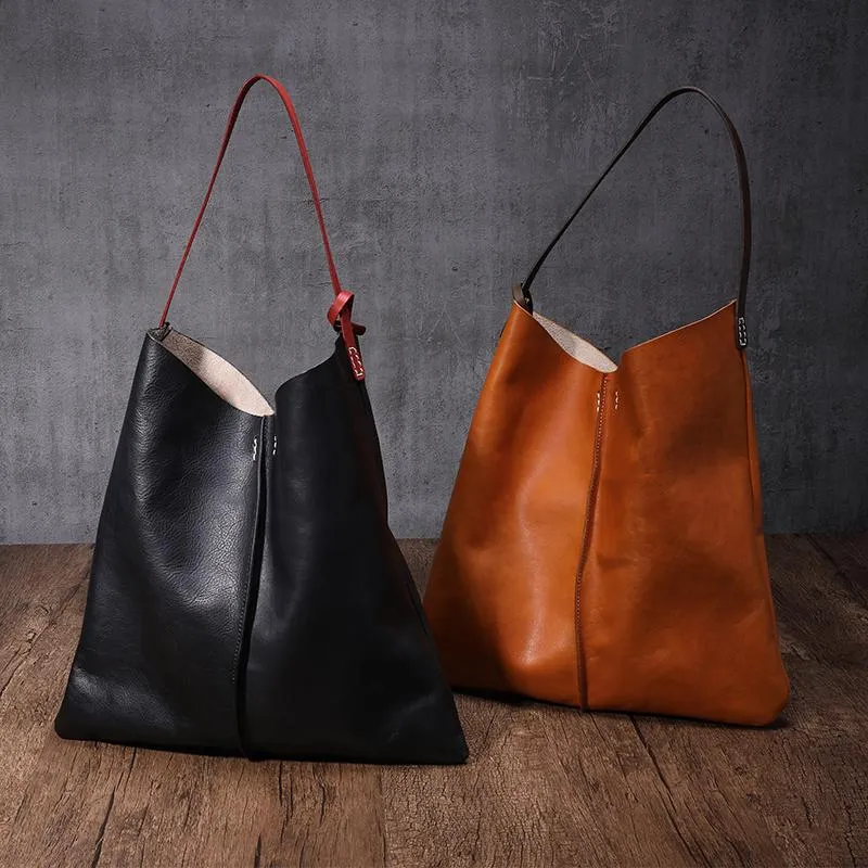 Leather Vertical Tote Bucket Bag Purse