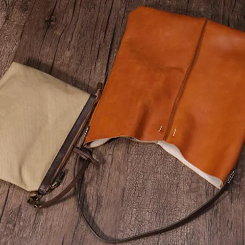 Leather Vertical Tote Bucket Bag Purse