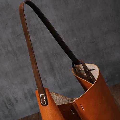 Leather Vertical Tote Bucket Bag Purse