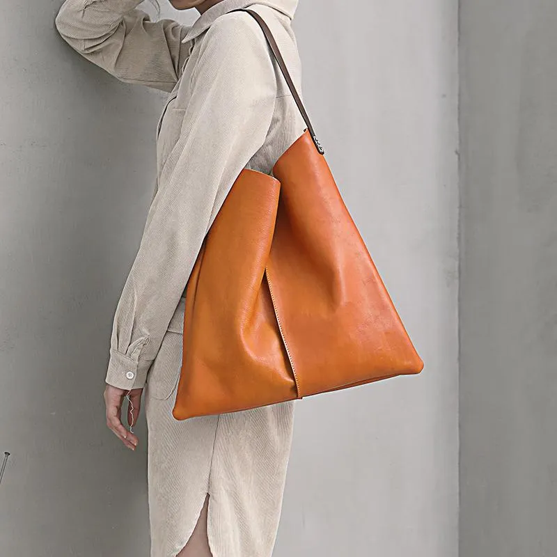 Leather Vertical Tote Bucket Bag Purse