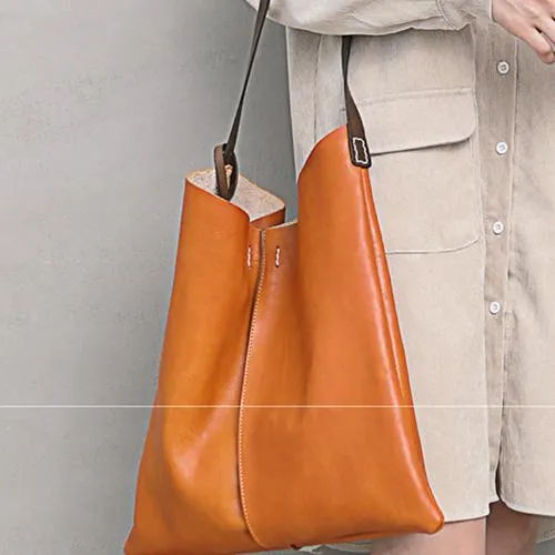 Leather Vertical Tote Bucket Bag Purse