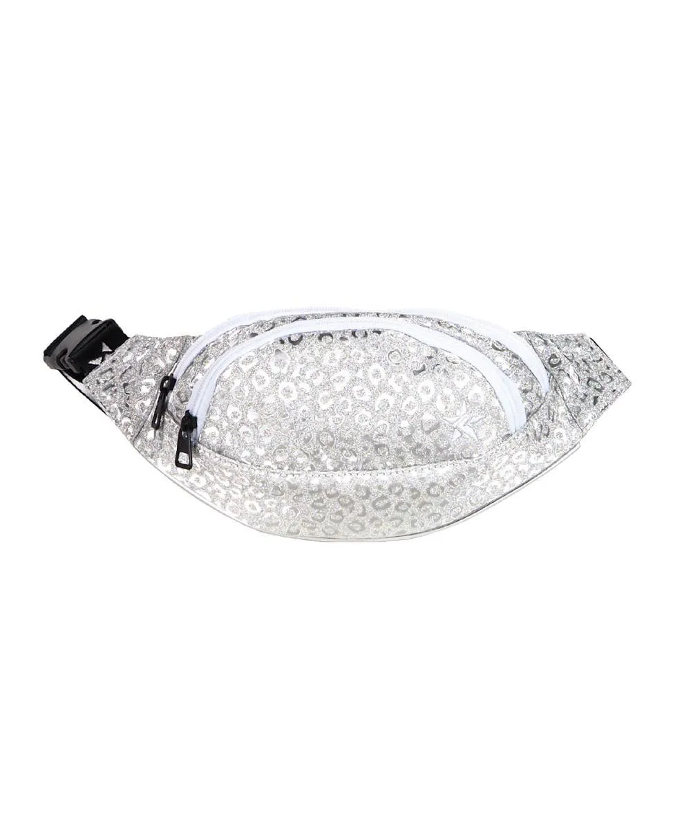 Leopard in Silver Youth Rebel Fanny Pack with White Zipper