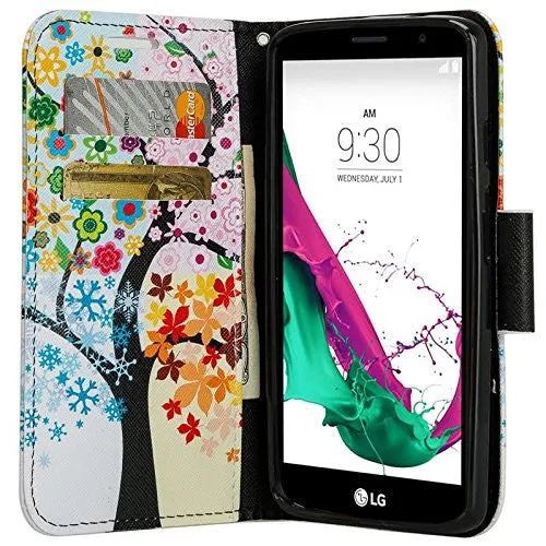 LG K10 / LG Premier LTE Case, Wrist Strap Magnetic Fold [Kickstand] Pu Leather Wallet Case with ID & Credit Card Slots - Four Seasons Tree