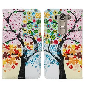 LG K10 / LG Premier LTE Case, Wrist Strap Magnetic Fold [Kickstand] Pu Leather Wallet Case with ID & Credit Card Slots - Four Seasons Tree