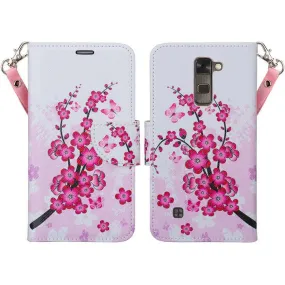 LG Stylo 2 Plus Case, LG Stylo 2 Plus Wallet Case [Kickstand] Pu Leather Wrist Strap Wallet Case w/ ID & Card Slots & Pocket - Cherry Blossom