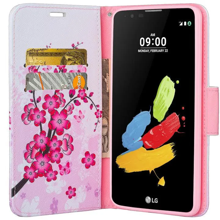 LG Stylo 2 Plus Case, LG Stylo 2 Plus Wallet Case [Kickstand] Pu Leather Wrist Strap Wallet Case w/ ID & Card Slots & Pocket - Cherry Blossom