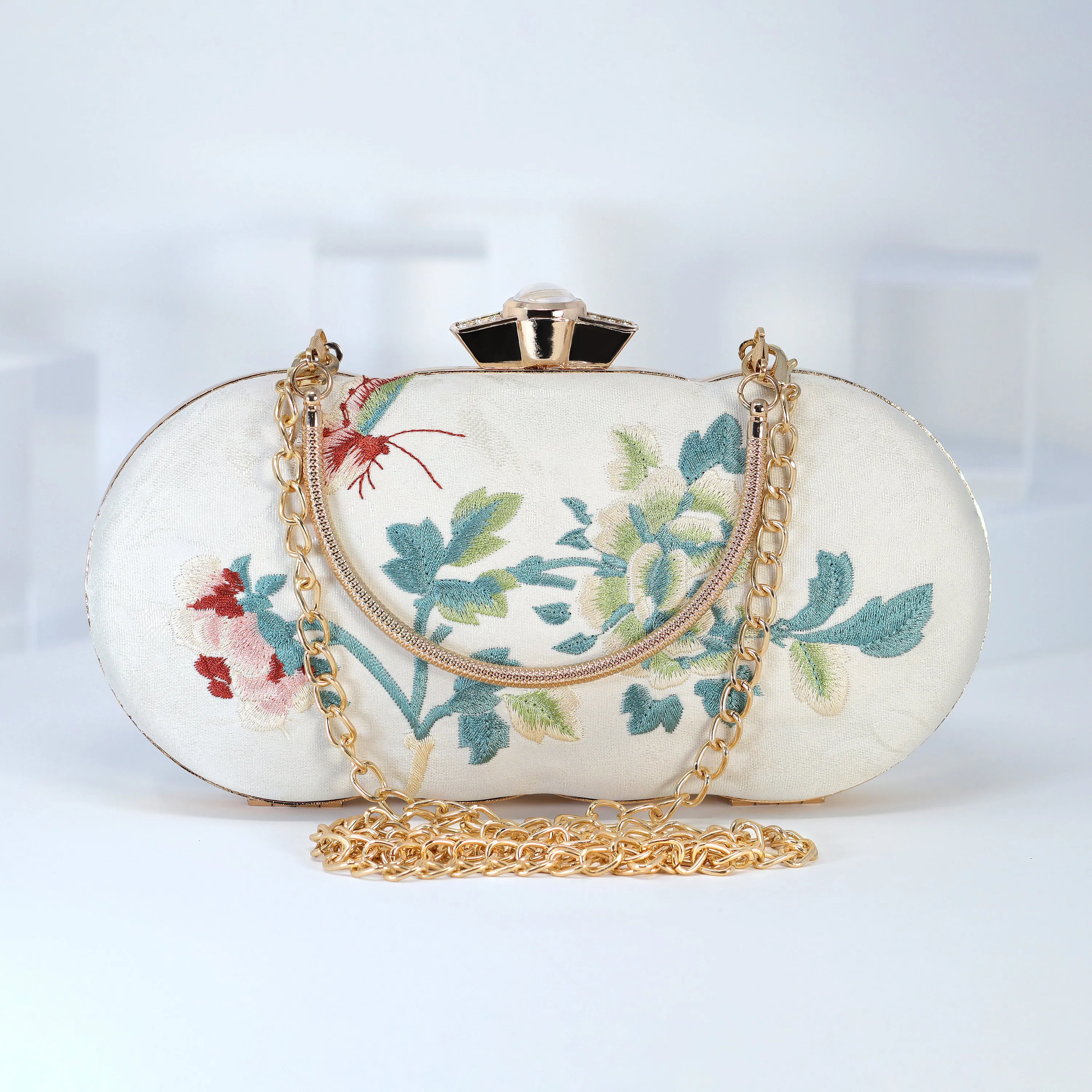 Light Beige Gold Embroidered Rose Floral Bouquet Wedding Bag, Statement Bag, Evening Clutch, Bridal Clutch, White Cross Body Bag