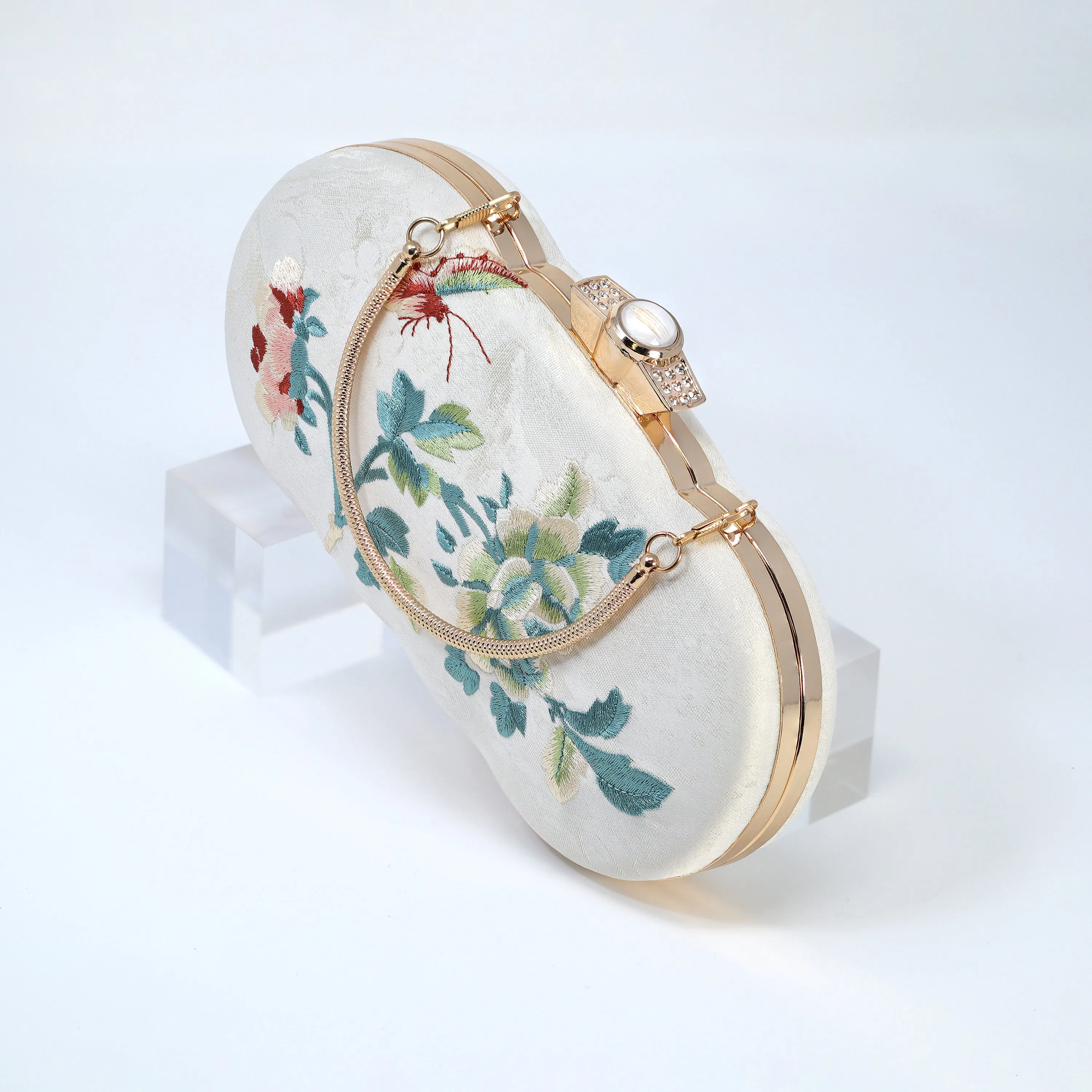 Light Beige Gold Embroidered Rose Floral Bouquet Wedding Bag, Statement Bag, Evening Clutch, Bridal Clutch, White Cross Body Bag