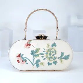 Light Beige Gold Embroidered Rose Floral Bouquet Wedding Bag, Statement Bag, Evening Clutch, Bridal Clutch, White Cross Body Bag